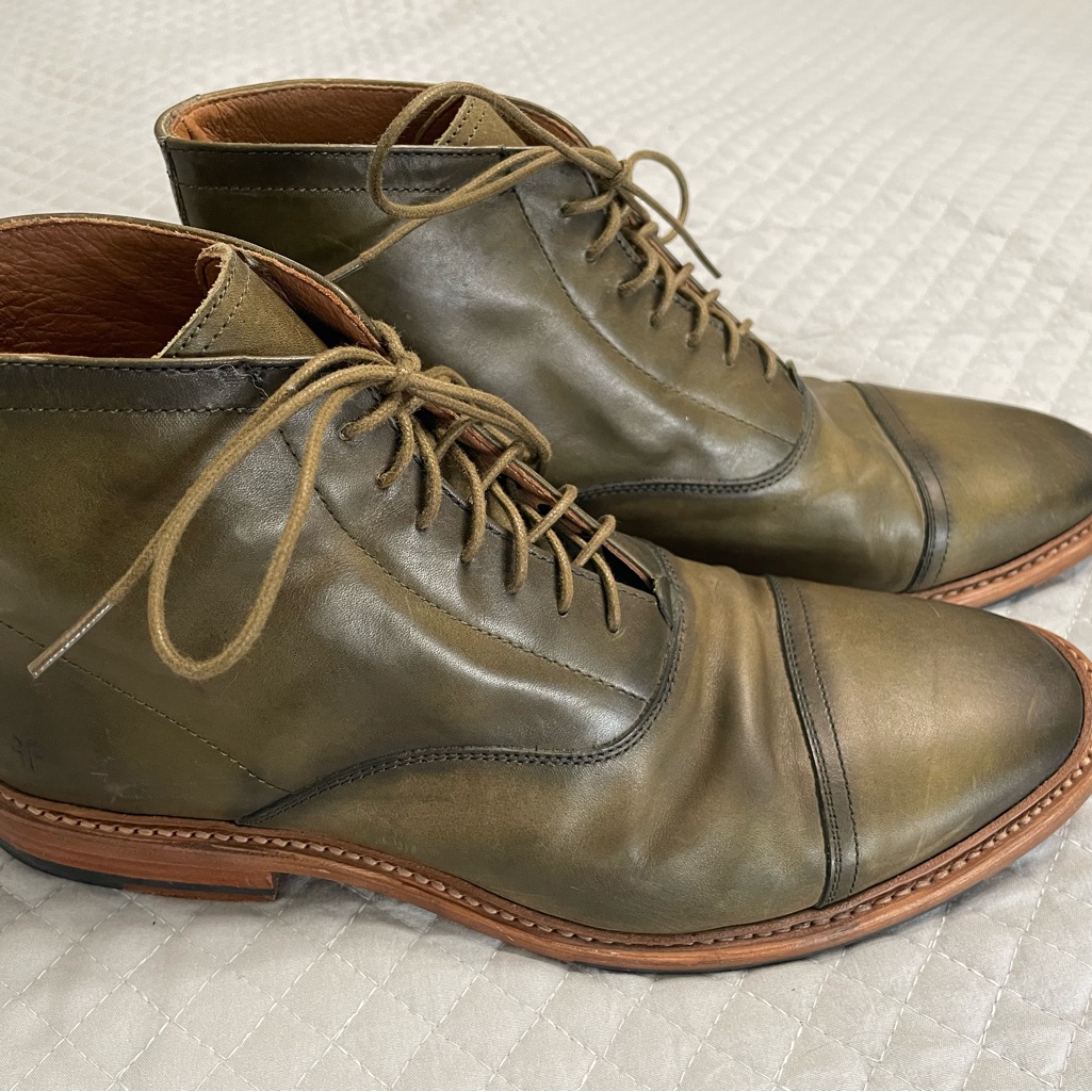 Euc Frye Men’s Paul Lace Up Boot In Olive Green Leather, Sz 10.5, Retail 328
